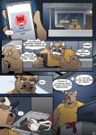  anthro boss_(gym_pals) bovid bovine canid canine canis cattle cellphone clothing comic gym_pals h155296 hi_res jockstrap male mammal manager_(gym_pals) phone smartphone underwear wolf 