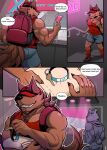  anthro backpack boss_(gym_pals) bottomwear canid canine canis clothing comic gym_pals h155296 hat headgear headwear hi_res key male mammal shorts ursid wolf 