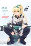  1girl artist_name black_bodysuit blonde_hair bodysuit bolt_action boots bow eyebrows_visible_through_hair gamryous girls&#039;_frontline gloves green_hairband gun hair_bow hairband highres jacket long_hair looking_at_viewer mod3_(girls&#039;_frontline) multicolored_clothes multicolored_gloves ponytail red_eyes rifle russian_flag scarf slav_squatting solo sv-98 sv-98_(girls&#039;_frontline) thighhighs turtleneck v weapon white_jacket white_scarf 