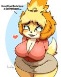  absurd_res animal_crossing anthro blonde_hair bottomwear breasts canid canine canis cleavage clothed clothing derp_eyes derpybelle domestic_dog english_text female hair hi_res isabelle_(animal_crossing) jhenightfox mammal miniskirt nintendo shih_tzu skirt solo text thick_thighs toy_dog video_games 