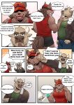  absurd_res anthro boss_(gym_pals) bottomwear bovid bovine canid canine canis cattle clothing comic dialogue duo gym_pals h155296 hat headgear headwear hi_res male mammal manager_(gym_pals) punch shirt shorts tank_top topwear wolf 