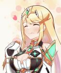  absurdres bangs bare_shoulders blonde_hair breasts chest_jewel chewing cleavage cleavage_cutout clothing_cutout croquette earrings eating elbow_gloves food gloves happy heart highres jewelry large_breasts long_hair mythra_(xenoblade) reason3_s smile swept_bangs tiara white_gloves xenoblade_chronicles_(series) xenoblade_chronicles_2 