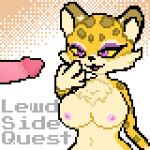  1:1 anthro big_breasts breasts clawroline curious digital_media_(artwork) felid female genitals leopard lewdsidequest mammal pantherine penis pixel_(artwork) smile 