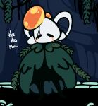  1-upclock 2022 anthro arthropod black_body black_exoskeleton bodily_fluids clothed clothing corrupted crying dialogue english_text exoskeleton fan_character front_view hi_res hollow_knight laugh leaf_clothing male orange_body solo standing team_cherry tears text vessel_(species) video_games wandering_sadness_(1-upclock) white_body white_exoskeleton 