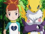  anthro bandai_namco big_breasts blue_eyes breasts dark_whisper digimon digimon_(species) duo edited_screencap female human looking_at_viewer low_res mammal multicolored_body nipples pink_nipples purple_eyes renamon rika_nonaka screencap yellow_body 