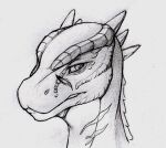  6_horns ambiguous_gender anthro argonian bethesda_softworks biped deeja facial_scar frown graphite_(artwork) headshot_portrait horn looking_at_viewer low_res multi_horn neck_scar pencil_(artwork) portrait roz_draws scales scalie scar simple_background skyrim snout solo the_elder_scrolls traditional_media_(artwork) video_games white_background 