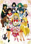  1990s_(style) 6+girls aino_minako aqua_eyes aqua_hair aqua_skirt arm_up back_bow bangs bishoujo_senshi_sailor_moon black_cat black_eyes black_hair black_skirt blonde_hair blue_eyes blue_hair blue_sailor_collar blue_skirt boots bow brooch brown_hair cat chibi_usa choker crescent crescent_earrings earrings elbow_gloves eyebrows_visible_through_hair garnet_rod gloves green_hair green_sailor_collar green_skirt hair_bobbles hair_ornament hand_on_hip high_ponytail highres hino_rei jewelry kaiou_michiru kino_makoto knee_boots leotard light_brown_hair lipstick logo looking_at_viewer looking_back luna_(sailor_moon) magical_girl makeup meiou_setsuna miniskirt mizuno_ami multicolored_clothes multicolored_skirt multiple_girls non-web_source official_art one_eye_closed open_mouth orange_footwear orange_sailor_collar orange_skirt pink_eyes pink_footwear pink_hair pink_sailor_collar pink_skirt pleated_skirt polearm poster_(medium) purple_eyes red_eyes red_footwear red_lips red_sailor_collar red_skirt retro_artstyle sailor_chibi_moon sailor_collar sailor_jupiter sailor_mars sailor_mercury sailor_moon sailor_neptune sailor_pluto sailor_saturn sailor_senshi sailor_uranus sailor_venus silence_glaive skirt smile standing star_(symbol) star_earrings strappy_heels super_sailor_chibi_moon super_sailor_jupiter super_sailor_mars super_sailor_mercury super_sailor_moon super_sailor_neptune super_sailor_pluto super_sailor_saturn super_sailor_uranus super_sailor_venus ten&#039;ou_haruka tiara tomoe_hotaru tsukino_usagi v w waving weapon 