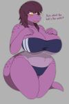  2:3 5_fingers absurd_res anthro big_breasts blush bodily_fluids breasts cleavage clothed clothing curvy_figure cute_fangs deltarune dialogue english_text female fingers full-length_portrait grey_background gris_swimsuit hair hand_on_breast hi_res huge_breasts johnmarten knees_together lizard meme meme_clothing navel one-piece_swimsuit open_mouth portrait purple_body purple_hair reptile scalie simple_background solo speech_bubble spots standing susie_(deltarune) sweat sweatdrop swimwear tagme text thick_thighs translucent translucent_clothing translucent_swimwear undertale_(series) video_games voluptuous wide_hips yellow_eyes 