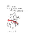  ambiguous_gender anthro canid canine clothing dialogue english_text hat headgear headwear hi_res holding_object mammal nintendo pok&eacute;ball pok&eacute;mon red_scarf scarf simple_background solo spot_color standing text twistcmyk video_games white_background 