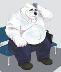  2022 anthro bench black_nose bottomwear clothing eyes_closed eyewear fur glasses hi_res humanoid_hands kemono male mammal mature_male o_miso_n overweight overweight_male pants polar_bear shirt sitting solo topwear ursid ursine white_body white_fur 