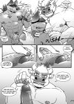  anthro balls boss_(gym_pals) bovid bovine canid canine canis cattle comic duo frenum_ladder frenum_piercing genital_piercing genitals gym_pals h155296 hi_res humanoid_genitalia humanoid_penis male male/male mammal manager_(gym_pals) monochrome nipple_piercing nipples penis penis_piercing piercing prince_albert_piercing wolf 