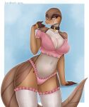  absurd_res anthro big_breasts blue_eyes bottomwear breasts camel_toe claws clothed clothing collar digital_media_(artwork) female gecko genitals hi_res hierophant_green_(artist) leaf_tail legwear lingerie lizard looking_at_viewer maple_(maplegek) navel non-mammal_breasts panties pink_clothing pink_panties pink_underwear reptile scalie simple_background solo stockings thigh_highs topwear underwear white_clothing white_legwear white_stockings 