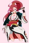  1girl baiken baiken_(cosplay) cosplay facial_tattoo guilty_gear hair_over_one_eye highres japanese_clothes kimono kururun_(precure) long_hair looking_at_viewer moudoku_(decopon3rd) mouth_hold multicolored_clothes multicolored_kimono obi ponytail precure purple_eyes racket red_hair sarashi sash solo stalk_in_mouth takizawa_asuka tattoo tennis_racket tropical-rouge!_precure 