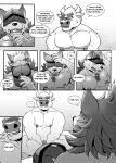  anthro boss_(gym_pals) bovid bovine canid canine canis cattle clothing comic dialogue duo gym_pals h155296 hat headgear headwear hi_res male mammal manager_(gym_pals) monochrome nipple_piercing nipples nude piercing wolf 