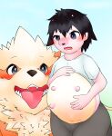  absurd_res ambiguous_gender anthro arcanine belly black_eyes black_hair blush clothed clothing colored duo feral fur growth hair hand_on_stomach hi_res horn horn_growth human male mammal mid_transformation miltank nintendo open_mouth orange_body orange_fur pok&eacute;mon pok&eacute;mon_(species) species_transformation teats tongue tongue_out transformation u_rakaz udders video_games white_body white_fur 