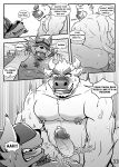  anal anal_penetration anthro boss_(gym_pals) bovid bovine canid canine canis cattle clothing comic duo genitals gym_pals h155296 hat headgear headwear hi_res humanoid_genitalia humanoid_penis male male/male mammal manager_(gym_pals) monochrome nipple_piercing nipples penetration penis piercing wolf 