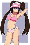  arms_behind_head blue_eyes blush bra brown_hair double_bun euf-dreamer eyebrows_visible_through_headband full_body highres panties pink_bra pink_headwear pink_panties pokemon pokemon_(game) pokemon_bw2 rosa_(pokemon) smile twintails underwear underwear_only 