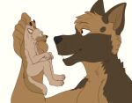  2018 ambiguous_gender anthro begging begging_pose brown_body canid canine canis claws digital_drawing_(artwork) digital_media_(artwork) digitigrade domestic_dog duo eye_contact german_shepherd herding_dog klotzzilla looking_at_another male_(lore) mammal micro multicolored_body nick_(holz) pastoral_dog pose sam_(holz) simple_background size_difference tan_body toe_claws tongue tongue_out white_background 