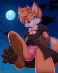  2022 4_toes anthro barefoot bulge canid canine claws clothed clothing detailed_background digital_media_(artwork) eyebrows eyelashes feet foot_focus fox girly hi_res male mammal moon night outside pawpads paws rysonanthrodog sky smile soles star starry_sky toe_claws toes young 