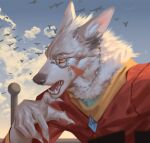  anthro avian bird black_nose bodypaint canid canine canis claws clothed clothing cloud eyewear face_paint fur headshot_portrait hi_res light looking_aside male mammal monocle open_mouth pawpads pink_pawpads portrait sky solo sunlight white_body white_fur wolf yellow_eyes yi_feng 