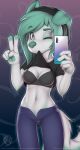  2022 5_fingers anthro breasts canid canine canis clothed clothing digital_media_(artwork) domestic_dog eyebrows eyelashes female fingers green_hair green_nose hair hi_res mammal midriff navel rysonanthrodog solo 