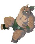  anthro asian_clothing bodily_fluids brown_body brown_fur bulge canid canine canis claws clothed clothing countershade_face countershading domestic_dog eyebrows footwear fur gloves green_eyes green_hair hair hand_behind_back handwear hi_res kemono lifewonders male mammal multicolored_body muscular muscular_male navel nipples partially_clothed pecs ponytail sansan_ocha scar simple_background sitting solo sweat thick_eyebrows toeless_footwear tokyo_afterschool_summoners twitter video_games yasuyori 