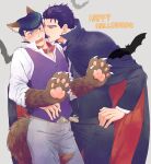  2boys animal_costume animal_ears animal_hands bat black_cape black_hair blue_eyes blush cape closed_eyes diamond_wa_kudakenai fangs gloves halloween halloween_costume haruko_(chikadoh) higashikata_josuke high_collar imminent_bite jojo_no_kimyou_na_bouken kujo_jotaro multiple_boys open_mouth paw_gloves purple_hair tail vampire_costume vest waistcoat werewolf wolf_boy wolf_costume wolf_ears wolf_paws wolf_tail 