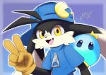  2019 absurd_res anthro black_and_white black_body black_fur blue_background blue_body blue_clothing clothed clothing domestic_cat duo eoks fangs felid feline felis fur gesture gloves hair handwear hat headgear headwear hi_res huepow humanoid hybrid klonoa klonoa_(series) looking_at_viewer male mammal monochrome multicolored_body multicolored_ears multicolored_fur open_mouth signature simple_background smile spirit text v_sign video_games white_body white_fur yellow_clothing zipper 