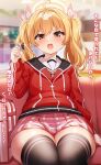  1girl absurdres ahoge ajifurai blonde_hair blue_archive blurry blurry_background blush chocolate commentary couch halo highres looking_at_viewer medium_hair open_mouth school_uniform sitting solo thighhighs thighs translated yellow_eyes yoshimi_(blue_archive) 