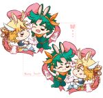  4boys animal_ears battle_tendency blonde_hair bow bunny caesar_anthonio_zeppeli carrot chest_protector chibi dotted_line dual_persona facial_mark fingerless_gloves gloves green_hair hair_ribbon hairband jojo_no_kimyou_na_bouken joseph_joestar joseph_joestar_(young) kemonomimi_mode male_focus micken multiple_boys neckerchief official_alternate_costume one_eye_closed rabbit_ears rabbit_tail ribbon tail winged_hair_ornament 