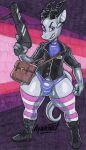  anthro boots bulge clothing fist footwear gloves grin gun handwear headgear headphones headset hi_res horn legwear looking_at_viewer male marvin_stange parasitedeath ranged_weapon satchel scalie shotgun smile solo stockings suit_jacket thick_thighs traditional_media_(artwork) underwear weapon 