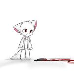 ambiguous_gender anthro blood blood_on_ground blood_pool bodily_fluids canid canine canis changed_(video_game) chest_tuft clothing coat corpse death dr._k_(changed) frown fur goo_creature hi_res lab_coat male mammal navel pink_inner_ear puro_(changed) red_eyes sad simple_background solo topwear tringa tuft white_background white_body white_fur wolf 