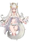  1girl absurdres animal_ears arknights bandeau bangs bare_shoulders bikini blush chewycandy commentary criss-cross_halter halterneck highres laurel_crown long_hair looking_at_viewer navel platinum_(arknights) platinum_(shimmering_dew)_(arknights) silver_hair simple_background solo standing stomach swimsuit tail thighs very_long_hair white_background white_bikini yellow_eyes 