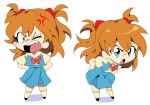  1girl blue_eyes blue_skirt chibi commentary eyebrows_visible_through_hair hair_ornament hairclip hands_on_hips highres neon_genesis_evangelion one_eye_closed orange_hair red_ribbon ribbon school_uniform sketch skirt souryuu_asuka_langley spanish_commentary suspender_skirt suspenders two_side_up v-shaped_eyebrows white_background yen0028 