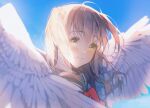  1girl absurdres blue_sky blurry blurry_foreground bow brown_hair closed_mouth commentary_request eyebrows_visible_through_hair feathered_wings green_eyes highres immi_immi large_wings original red_bow shaded_face sky smile solo sunlight upper_body white_wings wings 
