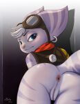  anthro anus biskydraws blue_eyes blush blush_lines bottomless butt clothed clothing ear_piercing ear_ring eyewear eyewear_on_head female genitals goggles goggles_on_head hair hi_res lombax looking_at_viewer mammal mechanical_arm piercing purple_body pussy ratchet_and_clank rivet_(ratchet_and_clank) solo sony_corporation sony_interactive_entertainment topwear video_games white_hair 