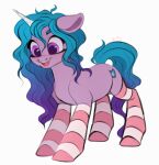  blue_hair blue_tail clothing cutie_mark equid equine eyelashes female feral footwear hair hasbro horn izzy_moonbow_(mlp) legwear looking_down mammal mlp_g5 my_little_pony open_mouth open_smile pattern_clothing pattern_footwear pattern_legwear pattern_socks purple_body purple_eyes simple_background smile socks solo stockings striped_clothing striped_footwear striped_socks stripes tongue unicorn vetta white_background 
