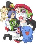  1boy 1girl blue_hair cacnea chimecho closed_eyes dustox hammer_(sunset_beach) happy james_(pokemon) jessie_(pokemon) meowth mime_jr. pokemon pokemon_(anime) pokemon_(creature) red_hair seviper smile team_rocket team_rocket_grunt wobbuffet 