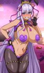  1girl adapted_costume animal_ears areola_slip areolae bangs bare_shoulders bb_(fate) bb_(swimsuit_mooncancer)_(fate) bead_bracelet beads black_gloves black_legwear blush bracelet breasts covered_nipples dark-skinned_female dark_skin fake_animal_ears fate/grand_order fate_(series) fingerless_gloves gloves grin hair_ornament hair_ribbon hairband heart_pasties jewelry large_breasts long_hair looking_at_viewer maebari meme_attire muta_poo navel neck_ribbon pantyhose pasties purple_eyes purple_hair rabbit_ears reverse_bunnysuit reverse_outfit ribbon smile solo star_(symbol) star_hair_ornament tan thighs very_long_hair 