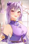  1girl :d absurdres armband bangs blurry blurry_background bow breasts chinese_clothes diamond-shaped_pupils diamond_(shape) dress genshin_impact hair_between_eyes hair_bow hair_cones hair_ornament highres indoors keqing_(genshin_impact) long_hair looking_at_viewer medium_breasts purple_bow purple_dress purple_eyes purple_hair round_window sleeveless smile symbol-shaped_pupils twintails twitter_username upper_body vision_(genshin_impact) window xhrp7772 