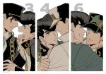  2boys 6+boys anchor_symbol black_hair blush chain diamond_wa_kudakenai grabbing_another&#039;s_chin green_eyes hand_on_another&#039;s_chin haruko_(chikadoh) hat higashikata_josuke hug jojo_no_kimyou_na_bouken kujo_jotaro male_focus multiple_boys multiple_persona peace_symbol star_(symbol) stardust_crusaders stone_ocean sweatdrop 