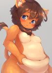  1girl animal_ears blue_eyes body_fur breasts brown_hair closed_mouth completely_nude eyebrows_visible_through_hair furry furry_female grey_background highres kageroh lion_ears lion_girl lion_tail looking_at_viewer medium_breasts navel nude original plump shirt short_hair simple_background solo tail 