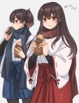  2girls akagi_(kancolle) alternate_costume bangs black_legwear black_undershirt blue_hakama blue_scarf brown_hair can canned_coffee commentary_request eyebrows_visible_through_hair food grey_background hair_between_eyes hakama holding holding_food japanese_clothes kaga_(kancolle) kantai_collection long_hair long_sleeves multiple_girls pantyhose ponytail red_eyes red_hakama red_scarf ribbon-trimmed_sleeves ribbon_trim rin_(rin_niji) scarf side_ponytail simple_background sweet_potato twitter_username undershirt wide_sleeves yakiimo 