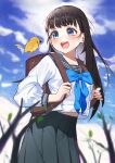  1girl absurdres akebi-chan_no_serafuku akebi_komichi backpack bag bird black_hair black_sailor_collar black_skirt blue_eyes blue_neckerchief blue_sky blurry cloud cowboy_shot day depth_of_field grass highres im_(dorya9) long_hair looking_at_viewer neckerchief open_mouth outdoors pleated_skirt roubai_academy_school_uniform_(old) sailor_collar school_uniform serafuku skirt sky smile teeth upper_teeth 