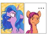  ... blue_hair bodily_fluids duo earth_pony equid equine eyelashes fanzeem female feral hair hasbro horn horse izzy_moonbow_(mlp) laugh mammal mlp_g5 my_little_pony open_mouth orange_body pink_hair pony purple_body sunny_starscout_(mlp) sweat tongue unicorn wavy_mouth 