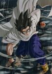  1boy black_eyes black_hair black_wristband cape clenched_hands commentary_request debris dougi dragon_ball dragon_ball_super dragon_ball_super_super_hero frown glasses highres kakeru_(dbskakeru) looking_at_viewer male_focus muscular muscular_male pants purple_pants rain rubble serious shoes signature solo son_gohan spiked_hair wet wet_clothes wet_hair white_cape wristband yellow_footwear 