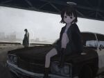  1girl 1other arm_support black_footwear black_hair black_jacket blue_shirt boots car closed_mouth commentary daruma_karei grey_sky ground_vehicle halo highres jacket jewelry long_sleeves looking_at_viewer motor_vehicle necklace on_vehicle original outdoors red_eyes shirt short_hair sitting solo_focus 