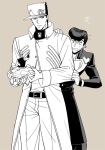  3boys animal clothes_grab coco_jumbo diamond_wa_kudakenai flattop gakuran haruko_(chikadoh) hat higashikata_josuke holding holding_animal jean_pierre_polnareff jojo_no_kimyou_na_bouken kujo_jotaro long_coat male_focus miniboy monochrome multiple_boys pompadour school_uniform sleeve_grab turtle vento_aureo 