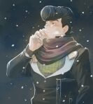  1boy black_hair blush diamond_wa_kudakenai gakuran green_eyes haruko_(chikadoh) heart higashikata_josuke holding holding_phone jojo_no_kimyou_na_bouken peace_symbol phone pompadour scarf school_uniform snowing solo striped striped_scarf sweatdrop talking_on_phone upper_body vertical-striped_scarf vertical_stripes 