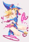  1girl bare_shoulders blonde_hair blue_footwear blue_headwear blush_stickers breasts cleavage dark_magician_girl duel_monster green_eyes hat henken highres large_breasts long_hair pentacle solo wand wizard_hat yu-gi-oh! yu-gi-oh!_duel_monsters 